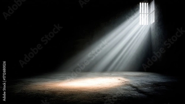 Fototapeta Light streams into a dark room through a barred window at midday