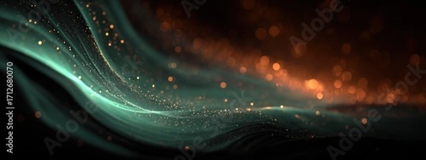 Fototapeta Swirling lines of green and orange light in a dark abstract background