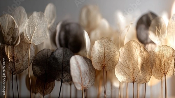 Fototapeta Decorative dried leaves art display showcasing natural textures and colors in soft light
