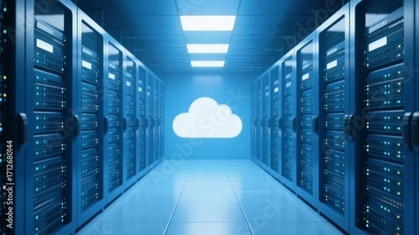 Fototapeta Server room with rows of data servers and a glowing cloud symbol in the distance