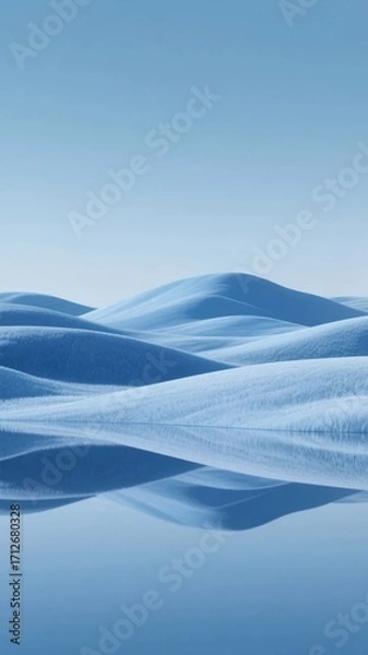 Fototapeta Snow-covered dunes under a clear blue sky, reflecting in calm water
