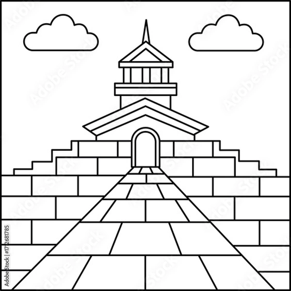 Fototapeta Mosaic Rooftop Path Coloring Page, Decorative Urban Architecture Illustration