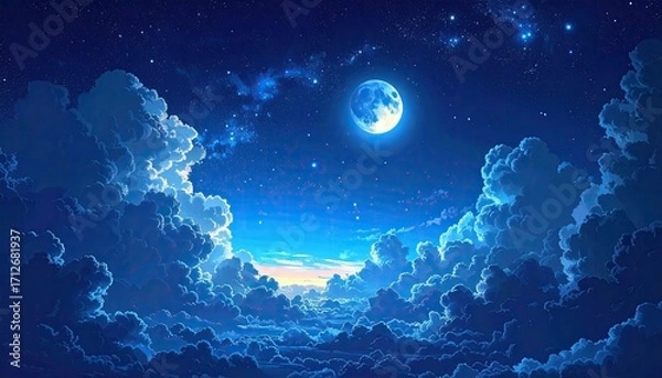 Fototapeta Pixelated Full Moon and Clouds Amidst Starry Night Sky Digital Artwork