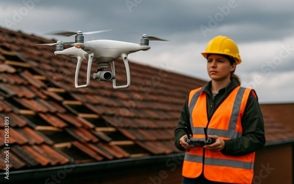 Fototapeta White quadcopter drone inspecting storm-damaged roof with female inspector operating remote control