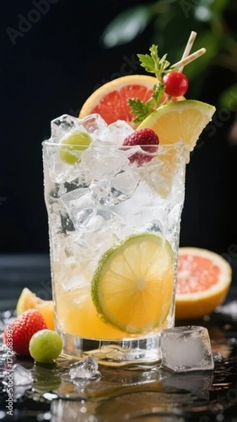 Fototapeta A refreshing citrus cocktail garnished with fruit slices, ice, and herbs in a clear glass.