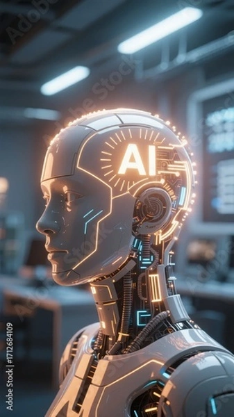 Fototapeta Robotic humanoid with glowing AI interface in a high-tech laboratory setting