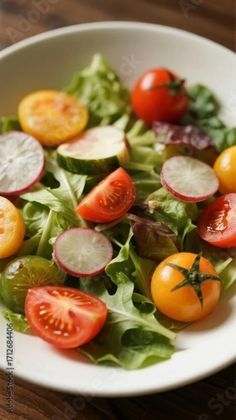 Fototapeta Fresh salad with mixed greens, cherry tomatoes, and sliced radishes in a white bowl