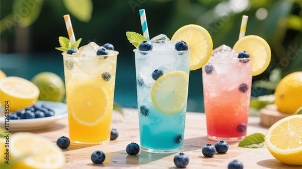 Fototapeta Three colorful lemonade drinks with blueberries, lemon slices, and mint garnishes served in tall glasses on a wooden table outdoors.