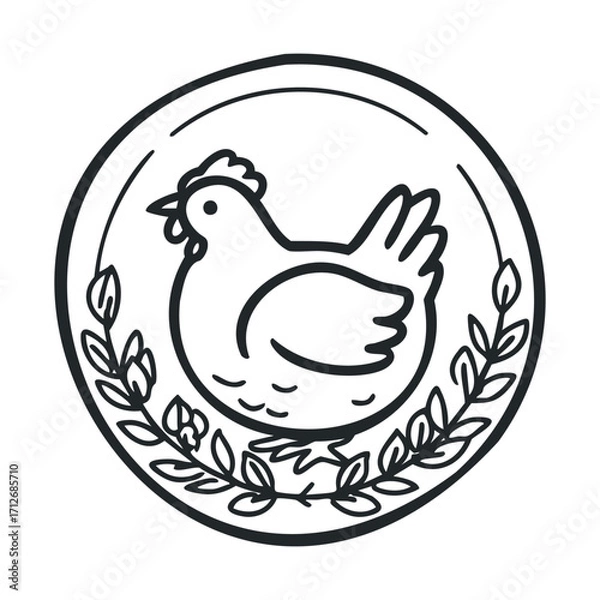 Fototapeta Chicken on a decorative plate surrounded by leaves. Vector line illustration
