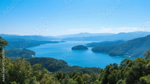 Fototapeta Aerial view of a serene blue lake surrounded by lush green mountains under a clear sky