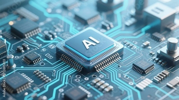 Fototapeta Close-up of an AI processor chip on a circuit board with illuminated blue pathways
