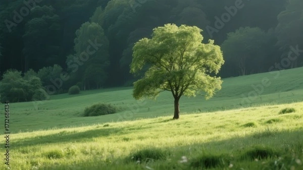 Fototapeta Solitary tree standing in a sunlit grassy field with forested background