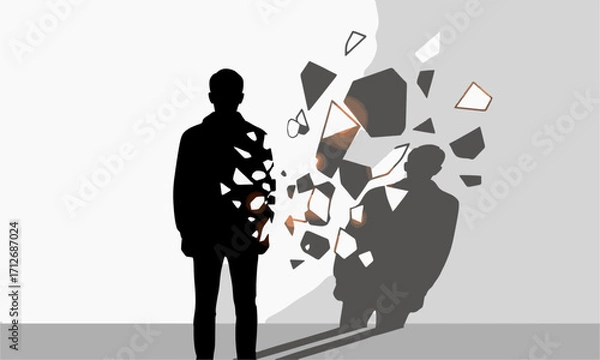 Fototapeta  Inner Bloom
Minimalist flat vector of a human silhouette with a crack in the chest, from which a glowing flower plant grows, isolated on white background, clean lines, symbolic design..genitive ai