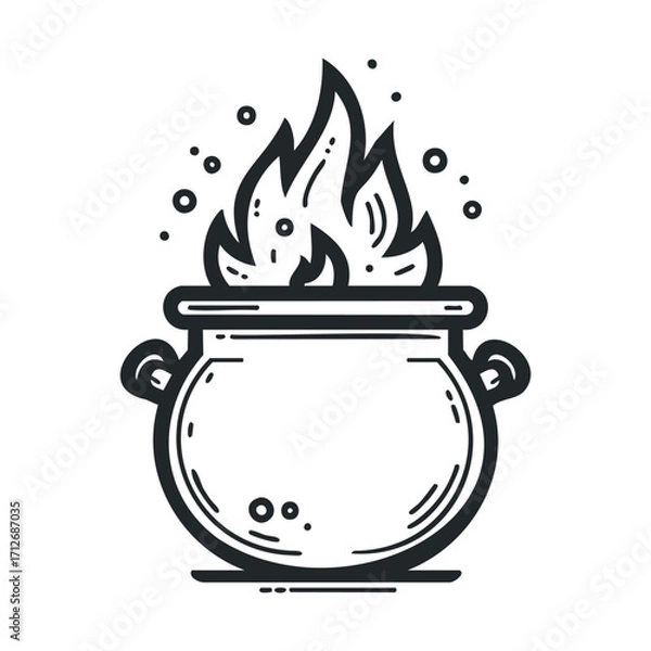 Fototapeta Cooking pot with flames symbolizing culinary creativity and warmth. Vector line illustration