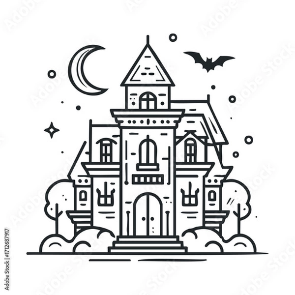 Fototapeta Spooky haunted house with moon and bat for Halloween design. Vector line illustration