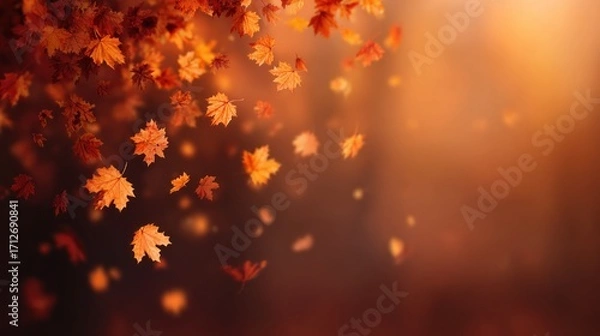 Fototapeta Colorful autumn leaves gently falling in a serene forest setting