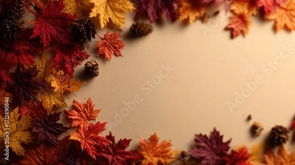 Fototapeta Colorful autumn leaves and pine cones arranged on a light background