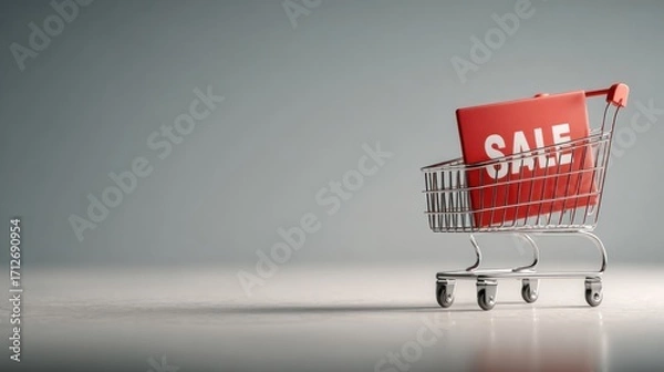Fototapeta Shopping cart with a sale sign during a promotional event in a retail space