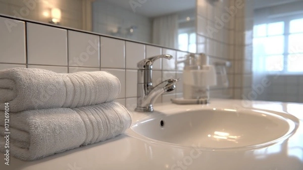 Fototapeta Comfortable bathroom setting with clean towels and modern sink design at morning light