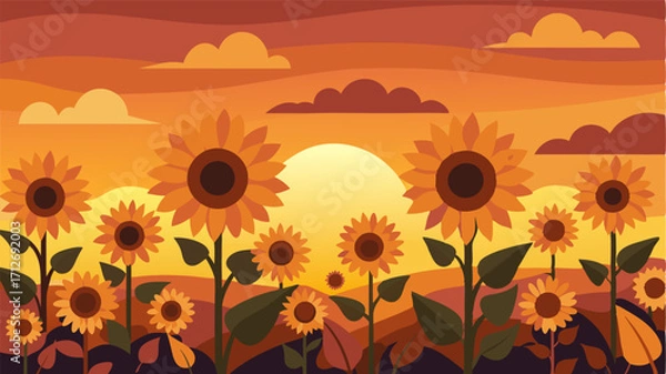 Fototapeta A sunflower field at sunset the warm palette of the sky perfectly complementing the vibrant flowers.