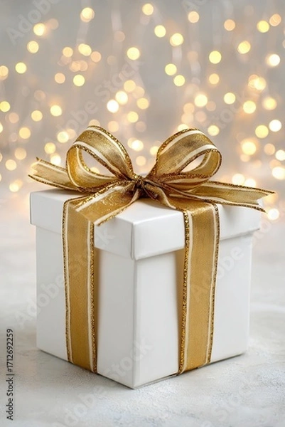 Fototapeta Elegant white gift box tied with golden ribbon and bow on sparkling festive background for celebration