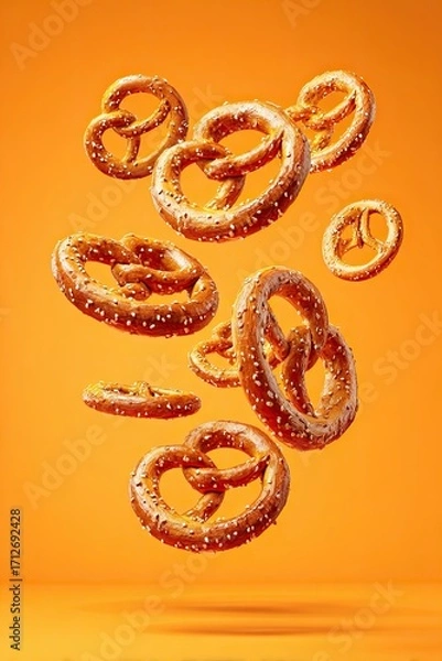 Fototapeta Crunchy pretzels with sesame seeds floating in motion on bright orange background creating bakery concept