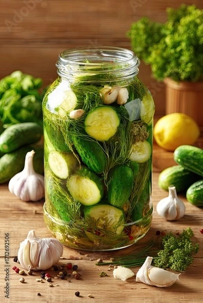 Fototapeta Homemade pickled cucumbers in glass jar with garlic dill herbs and spices on wooden rustic kitchen table
