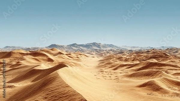 Fototapeta Endless golden desert with rolling sand dunes under clear blue sky and distant mountain horizon