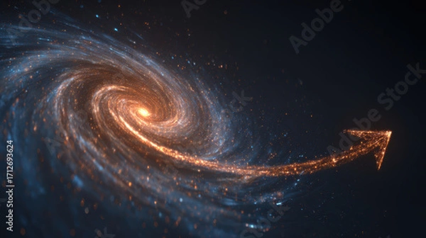 Fototapeta Glowing spiral galaxy, cosmic arrow, space dust, nebula swirl guide forward