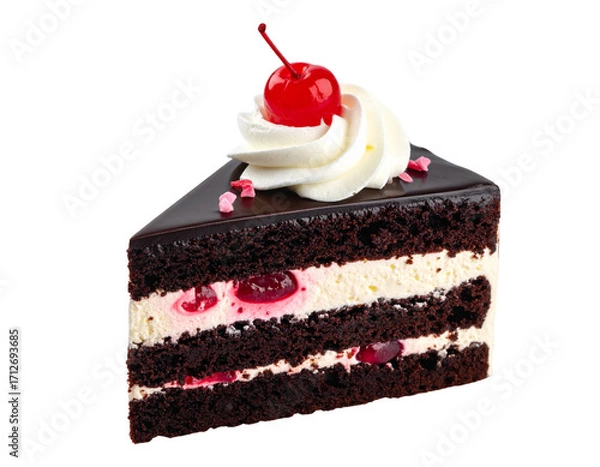 Fototapeta Festive Black Forest Gateau Slice with Cream and Cherry Topping, Party Dessert, Isolated PNG