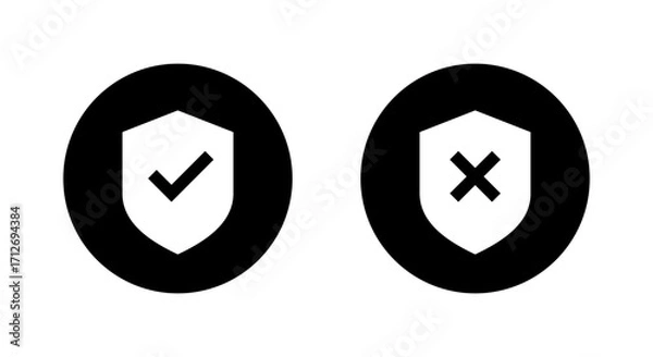 Fototapeta Shield protection with tick and cross icon. Security approve and reject symbol in black circle
