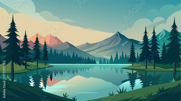 Fototapeta Ast the forest of soaring conifers a serene lake shimmers with the reflection of the surrounding nature.