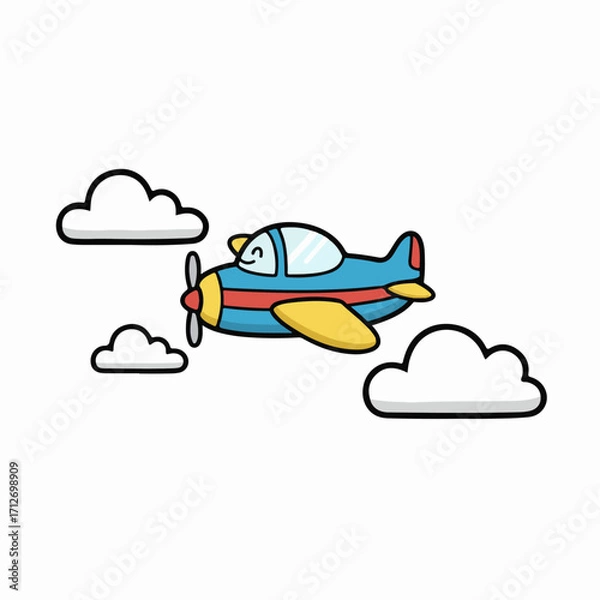 Obraz Whimsical flat vector airplane with fluffy cloud in child book style. Bright, playful 2D design ideal for kids’ stories, learning materials, nursery themes, travel education, and creative projects