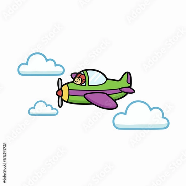 Obraz Whimsical flat vector airplane with fluffy cloud in child book style. Bright, playful 2D design ideal for kids’ stories, learning materials, nursery themes, travel education, and creative projects