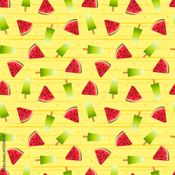 Obraz Seamless pattern of red sliced ​​watermelon and refreshing green ice cream. Background with yellow stripes and polka dots for food and beverage product packaging, product advertising, wrapping paper