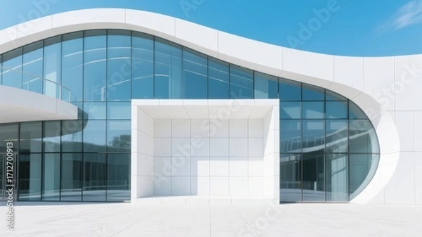 Fototapeta Modern white building with curved glass facade and minimalist design under clear blue sky