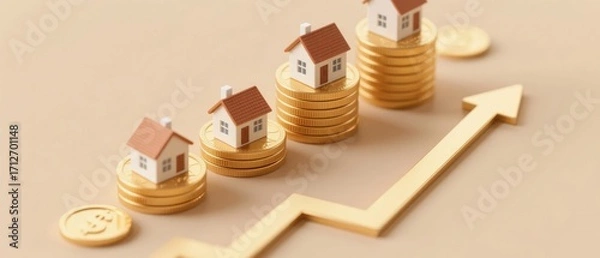 Fototapeta Miniature houses stacked on coins with an upward arrow, symbolizing rising property values and real estate investment growth.