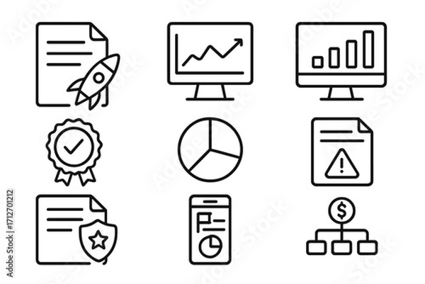 Fototapeta Angel Portfolio Icons. Line style icons of Angel Portfolio Management: Startup list file, performance tracking chart, investment