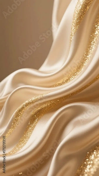 Fototapeta Golden glitter accents on flowing beige satin fabric with soft folds and elegant draping