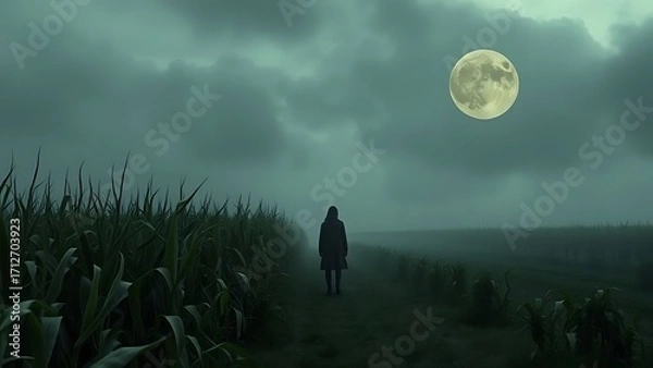 Fototapeta Mysterious Journey: A lone figure embarks on an enigmatic odyssey through a misty landscape beneath the watchful gaze of a full moon, evoking a sense of intrigue and suspense.