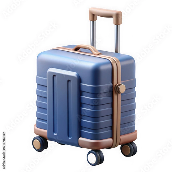 Obraz A modern blue carry on suitcase with brown accents and a retractable handle isolated on transparent background