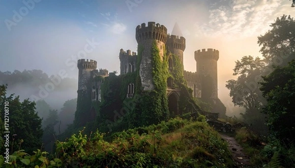 Fototapeta Mystical ancient castle enveloped by mist and surrounded by lush greenery in nature