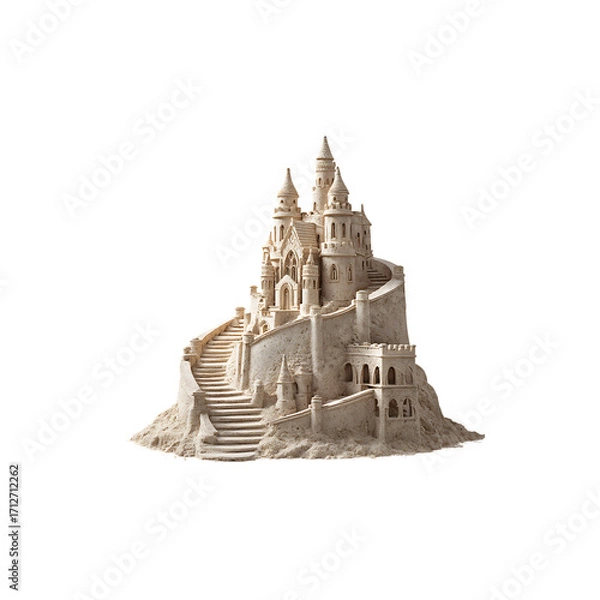 Fototapeta Detailed sandcastle with towers and stairs isolated on a transparent background, in a PNG format