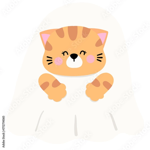 Fototapeta A cat is wearing a white dress and is smiling. The cat is hugging a white sheet. The cat is cute and happy