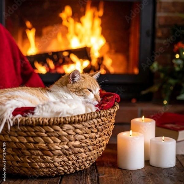 Obraz Cozy cat by a fireplace
