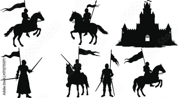 Fototapeta Medieval knight silhouettes set featuring warriors on horseback with flags, swords, and a castle in vintage black vector illustration style for historical designs
