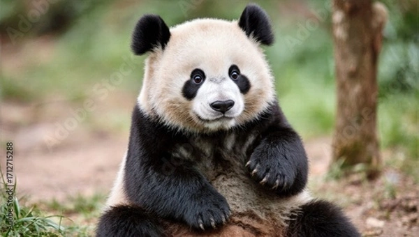 Fototapeta Adorable Panda Cub Sitting on Tree Stump Looking at Camera Fluffy Fur Close Up Wildlife Portrait