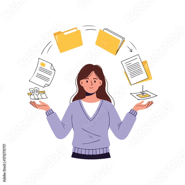 Fototapeta Woman Juggling Folders Documents and Papers Effortlessly vector illustration