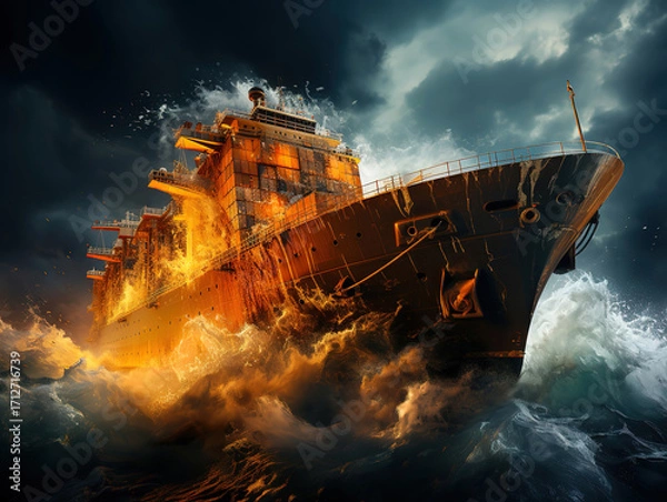 Obraz Conceptual Illustration of Global Trade Challenges Through a Cargo Ship in Rough Seas