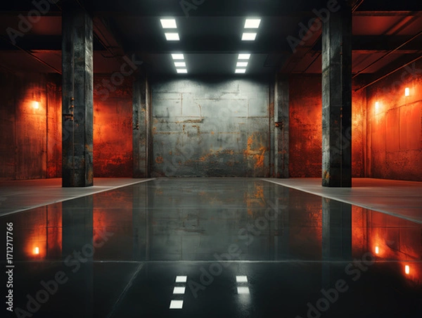 Fototapeta Minimalist Design with Recessed Lights on a Glossy Concrete Floor in a Dark Room